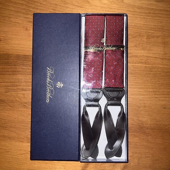 NEW Brooks Brothers Suspenders - Burgundy With Blue Dots - Leather - Picture 1 of 4